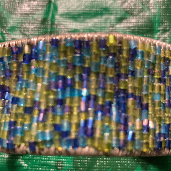 CUFF BRACELET shades of blue beads on inside & outside, some MOP $25 - Picture 2 of 5